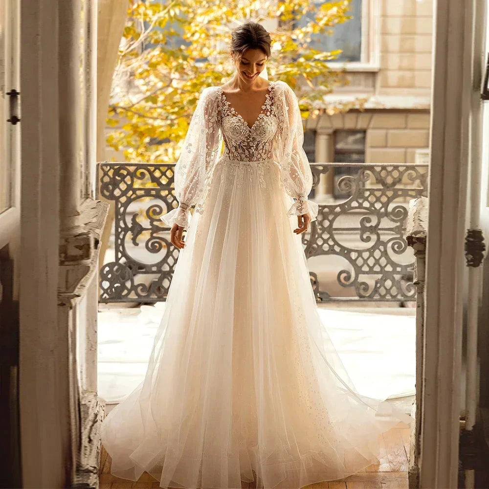 3D Flower Wedding Dress Lace Long Sleeve Women's Bridal Gownes Sexy V-neck Tulle Transparent A-line Dress Bohemia Robe Vestido by payinti
