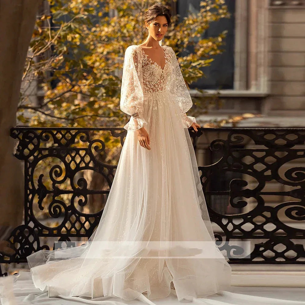 3D Flower Wedding Dress Lace Long Sleeve Women's Bridal Gownes Sexy V-neck Tulle Transparent A-line Dress Bohemia Robe Vestido by payinti