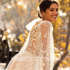 3D Flower Wedding Dress Lace Long Sleeve Women's Bridal Gownes Sexy V-neck Tulle Transparent A-line Dress Bohemia Robe Vestido by payinti