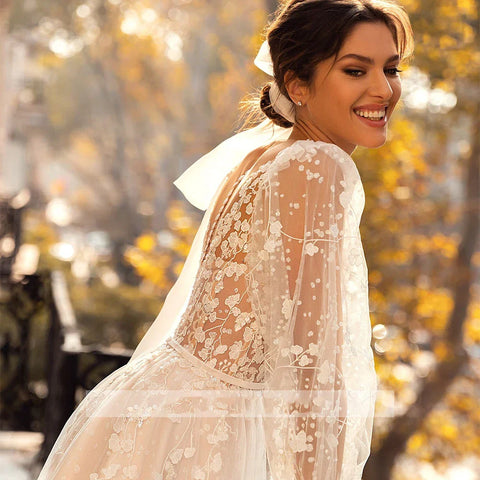 3D Flower Wedding Dress Lace Long Sleeve Women's Bridal Gownes Sexy V-neck Tulle Transparent A-line Dress Bohemia Robe Vestido