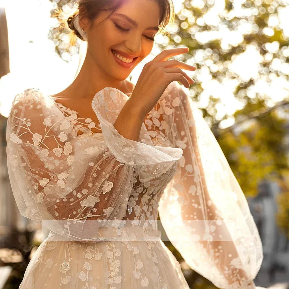 3D Flower Wedding Dress Lace Long Sleeve Women's Bridal Gownes Sexy V-neck Tulle Transparent A-line Dress Bohemia Robe Vestido by payinti
