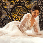 3D Flower Wedding Dress Lace Long Sleeve Women's Bridal Gownes Sexy V-neck Tulle Transparent A-line Dress Bohemia Robe Vestido by payinti