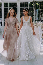 3D Floral Lace V Neck Floor Length Bohemian Wedding Dress WD662 by pgmdress