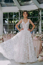 3D Floral Lace V Neck Floor Length Bohemian Wedding Dress WD662 by pgmdress