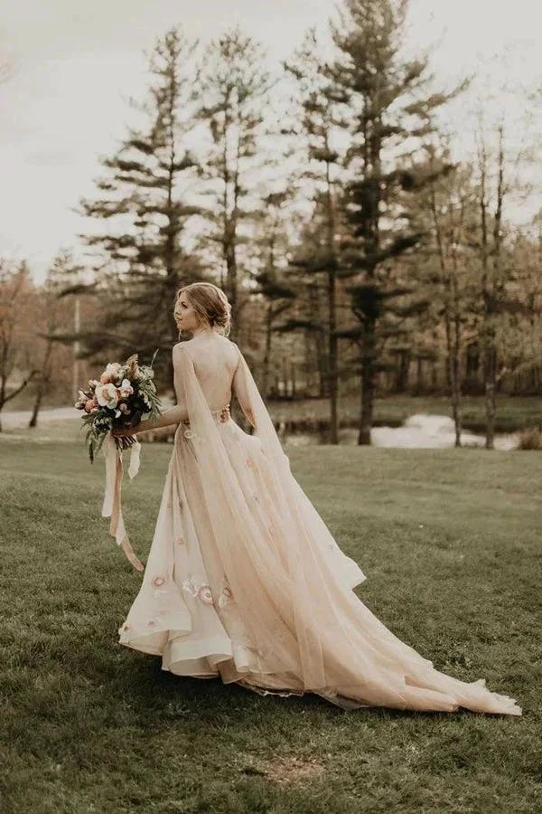 3D Flower Colorful V Neck Tulle Forest Wedding Dresses WD689 by pgmdress
