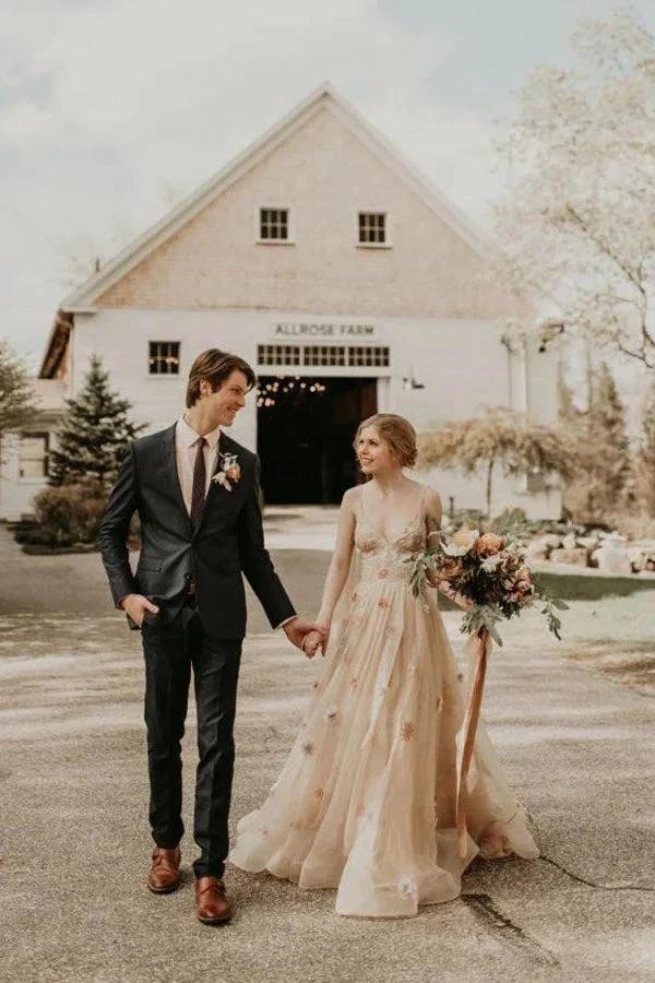 3D Flower Colorful V Neck Tulle Forest Wedding Dresses WD689 by pgmdress