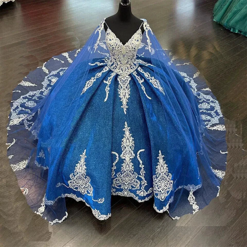 Beading Quinceanera Dresses Sequin Applique Princess Ball Gown With Cape Y1516 by simplepromdress