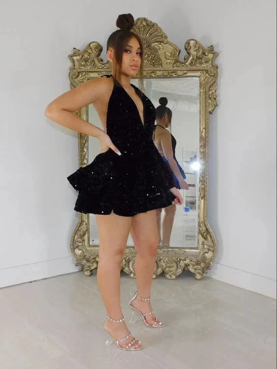 Sexy Black Sparkling Short Homecoming Dresses Back Open Tiered Sequin Graduation Gown Parties Night Y4111 by simplepromdress