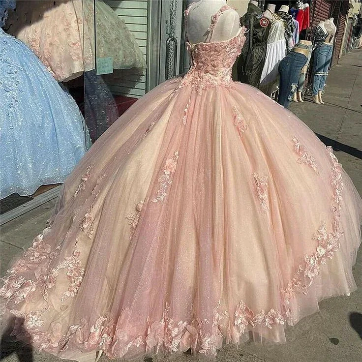 Pink Sparkly Quinceanera Prom Dresses Lace Flower Sweet 16 Tulle Party Ball Gown Y57 by simplepromdress