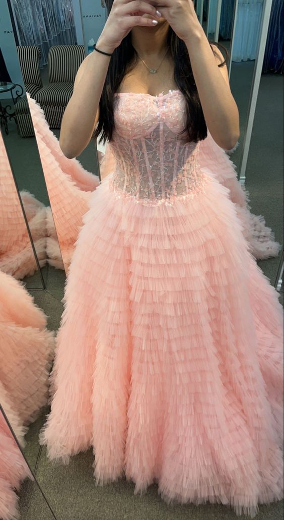 Pink Strapless Ball Gown Prom Dress with Sheer Lace Corset Bodice and Ruffle Skirt Y6688 Hover Image