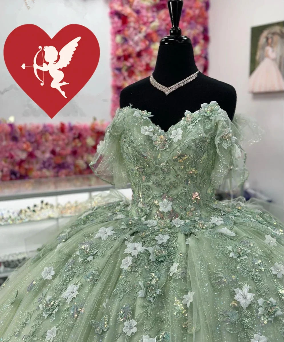 Sage Green Quinceanera Dresses With 3D Flowers Sweet 15 Birthday Ball Gown Y2614 by simplepromdress