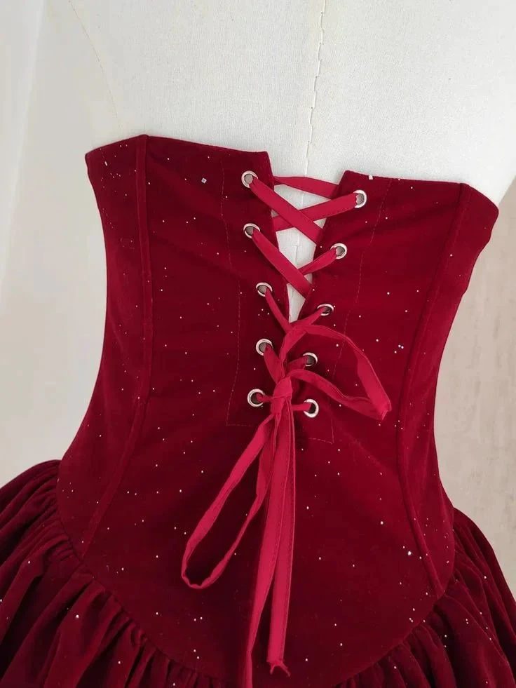 Cute A Line Strapless Burgundy Velvet Ruffles Homecoming Dress Y7972 by simplepromdress