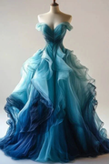 Luxury Ombre Blue Organza Evening Dress A Line Off The Shoulder Prom Dress Y8368 by simplepromdress