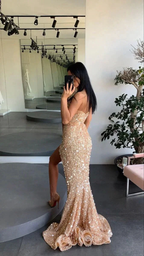 Gold engagement dress spaghetti straps prom dress leg split sequins evening dress Y71 by simplepromdress