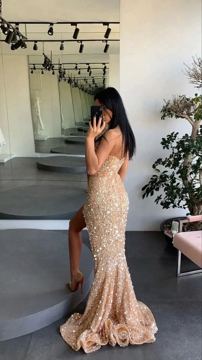 Gold engagement dress spaghetti straps prom dress leg split sequins evening dress Y71 by simplepromdress