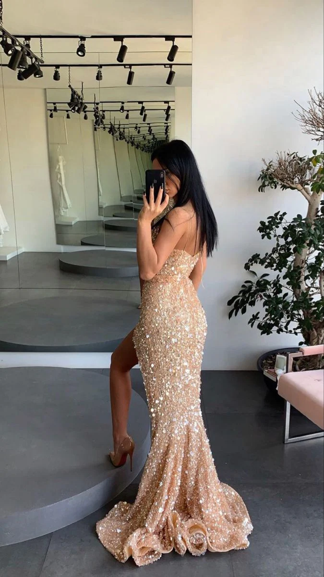 Gold engagement dress spaghetti straps prom dress leg split sequins evening dress Y71 Main Image