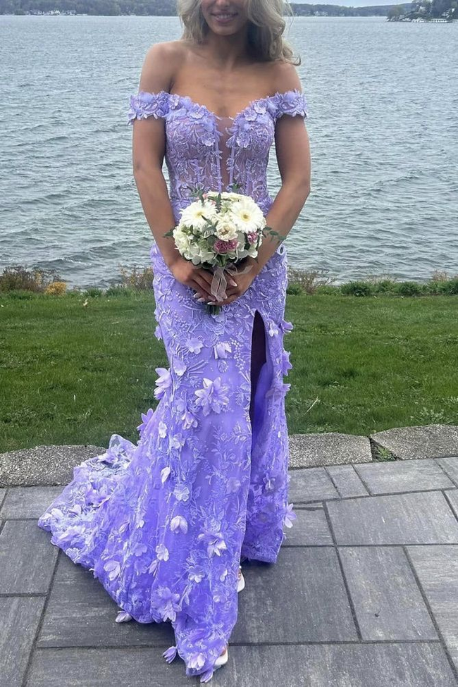 Gorgeous Off-Shoulder V-Neck Lace Appliques Mermaid Prom Dress Slit Birthday Evening Gown Y7934 Hover Image