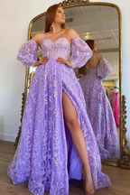 Sparkle Princess Bustier Puff Sleeve Lace Long Prom Dress Detachable Sleeves Evening Dress Y1805 by simplepromdress
