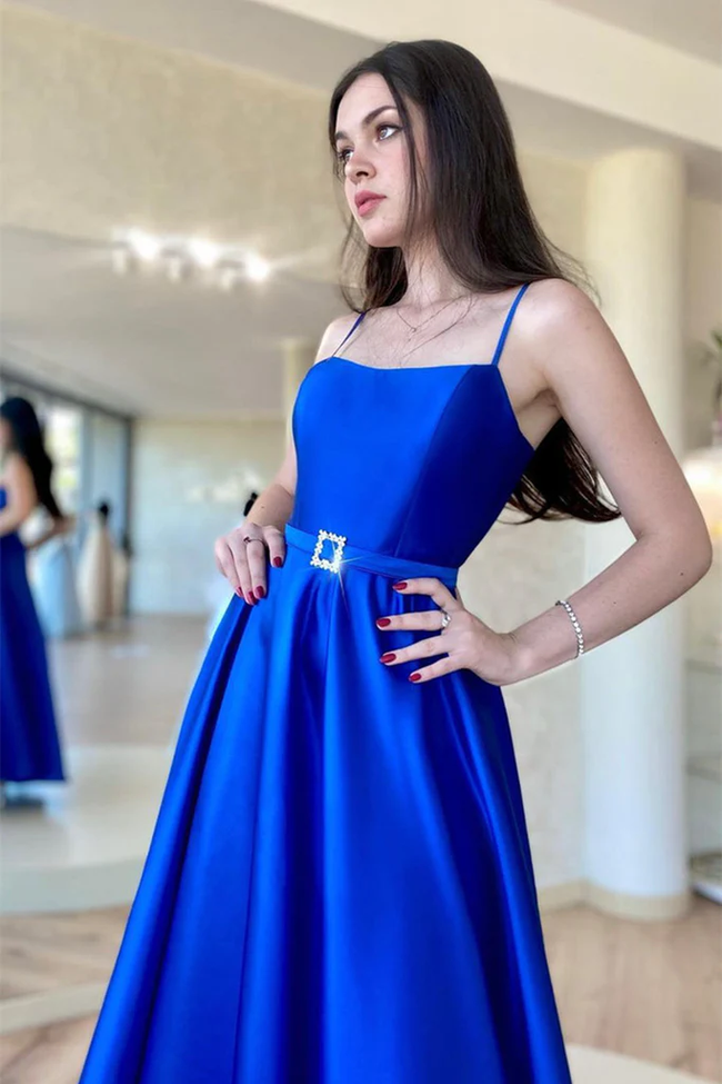 Backless Royal Blue Satin Long Prom Dress with High Slit, Backless Blue Formal Graduation Evening Dress Y203 Main Image
