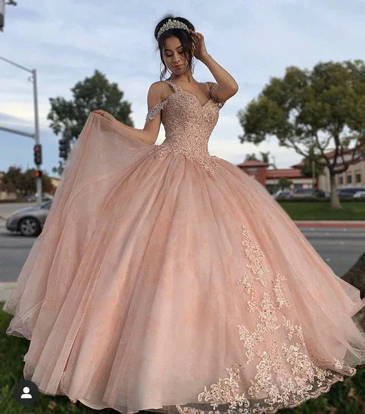 Pink Quinceanera Off Shoulder Lace Appliques Ball Gown Y2734 by simplepromdress