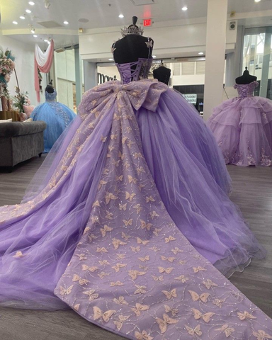 Vestido de fiesta de tul morado con mariposas, vestido de quinceañera, vestido de princesa morado Y2270