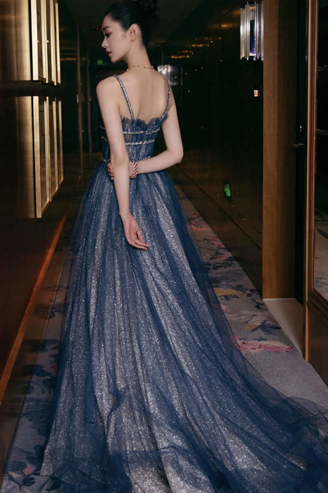 Shiny tulle long A line prom dress blue evening dress Y105 Main Image