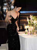 Black Sequins Sparkling Evening Dress Sexy Backless Evening Gown Y1124 by simplepromdress