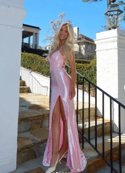 Pink Satin Appliques Mermaid Prom Dress Long Slit Evening Gown Y8263 by simplepromdress