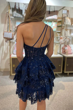 A Line One Shoulder Navy Tiered Lace Short Homecoming Dress Y2820 by simplepromdress