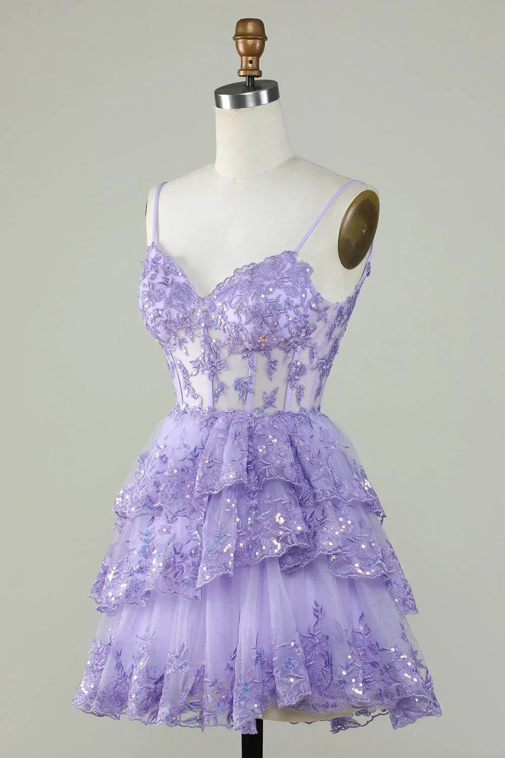Straps Lavender Sequins Corset Layered Homecoming Dress Y2907 by simplepromdress