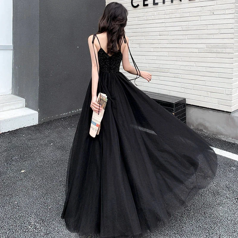 Black tulle beads long prom dress black evening dress Y1134 by simplepromdress