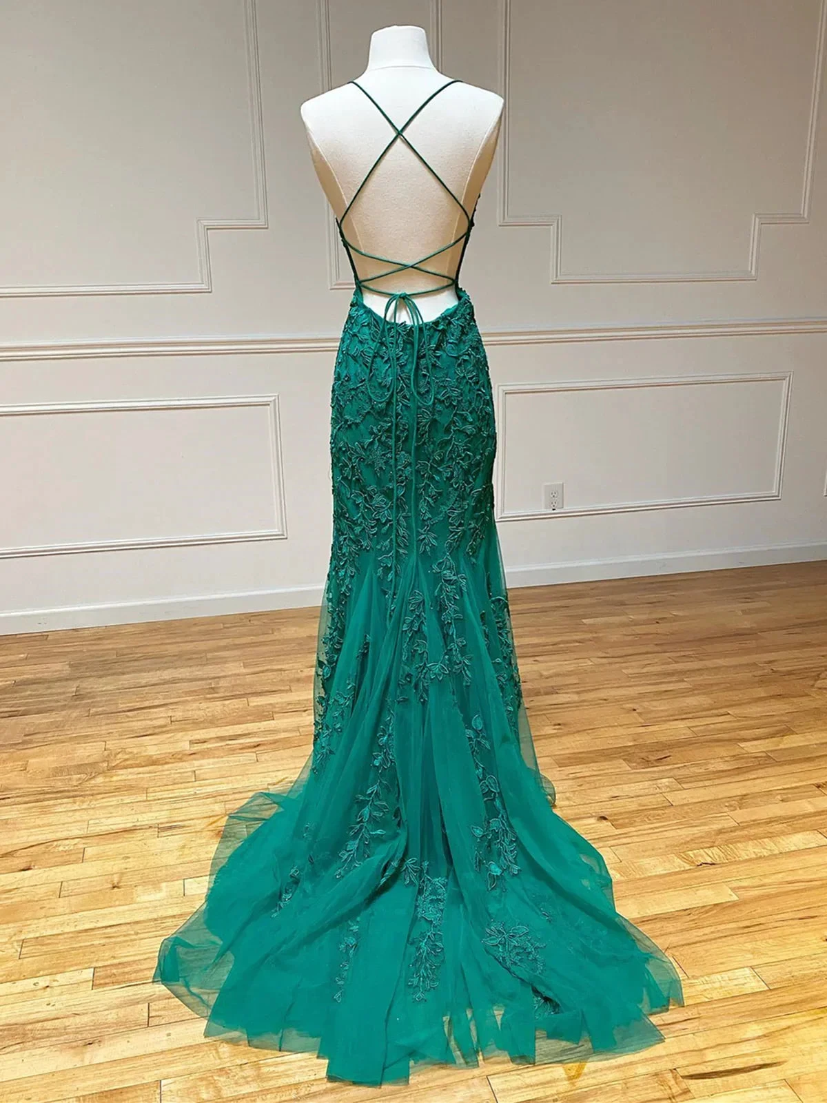Backless Green Mermaid Lace Prom Dresses, Open Back Green Lace Mermaid Formal Evening Dresses Y1365 by simplepromdress