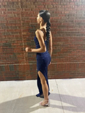 Shiny Navy Blue Sheath Evening Dress Navy Blue Evening Gown Y6359 by simplepromdress