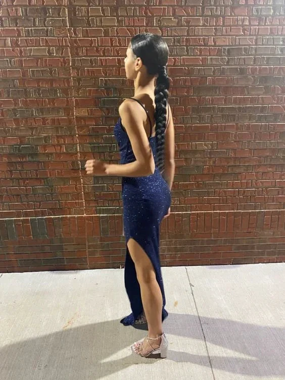 Shiny Navy Blue Sheath Evening Dress Navy Blue Evening Gown Y6359 by simplepromdress
