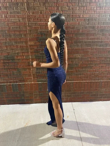 Shiny Navy Blue Sheath Evening Dress Navy Blue Evening Gown Y6359 by simplepromdress