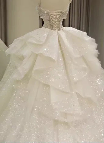 Vestidos de novia con hombros descubiertos, vestido de princesa con cola larga, vestido de novia blanco sin espalda Y6868