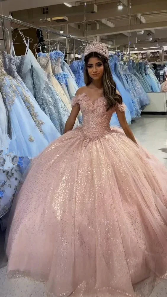 Beautiful Off The Shoulder Blush Pink Quinceanera Dress Glitter Blush Pink Ball Gown Y391 by simplepromdress