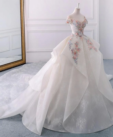 Atemberaubendes schulterfreies Ballkleid mit Blumenmuster und Spitze, Brautkleid Y1145