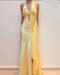 Elegant Yellow Halter Satin Beaded Prom Dress Slit Mermaid Party Evening Dress Y8426 by simplepromdress