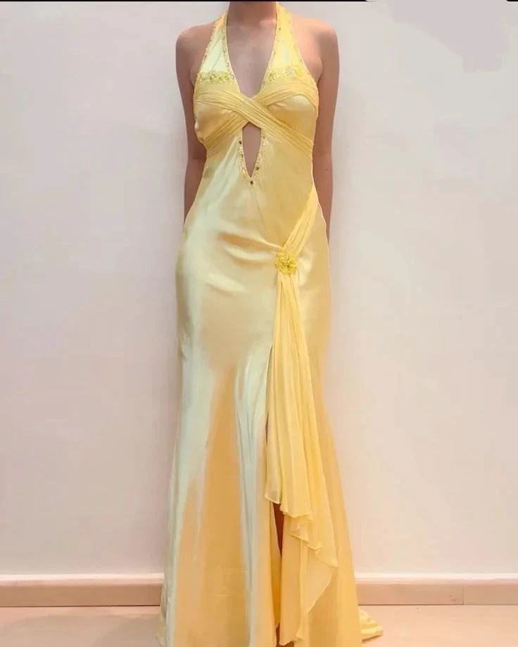 Elegant Yellow Halter Satin Beaded Prom Dress Slit Mermaid Party Evening Dress Y8426 by simplepromdress