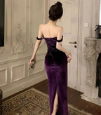 Elegant Velvet Long Sheath Prom Dress Purple Off Shoulder Slit Party Evening Gown Y8131 by simplepromdress