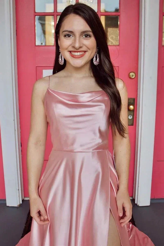 Simple Pink Satin Long Prom Dress with High Slit, Long Pink Formal Graduation Evening Dress Y212 by simplepromdress