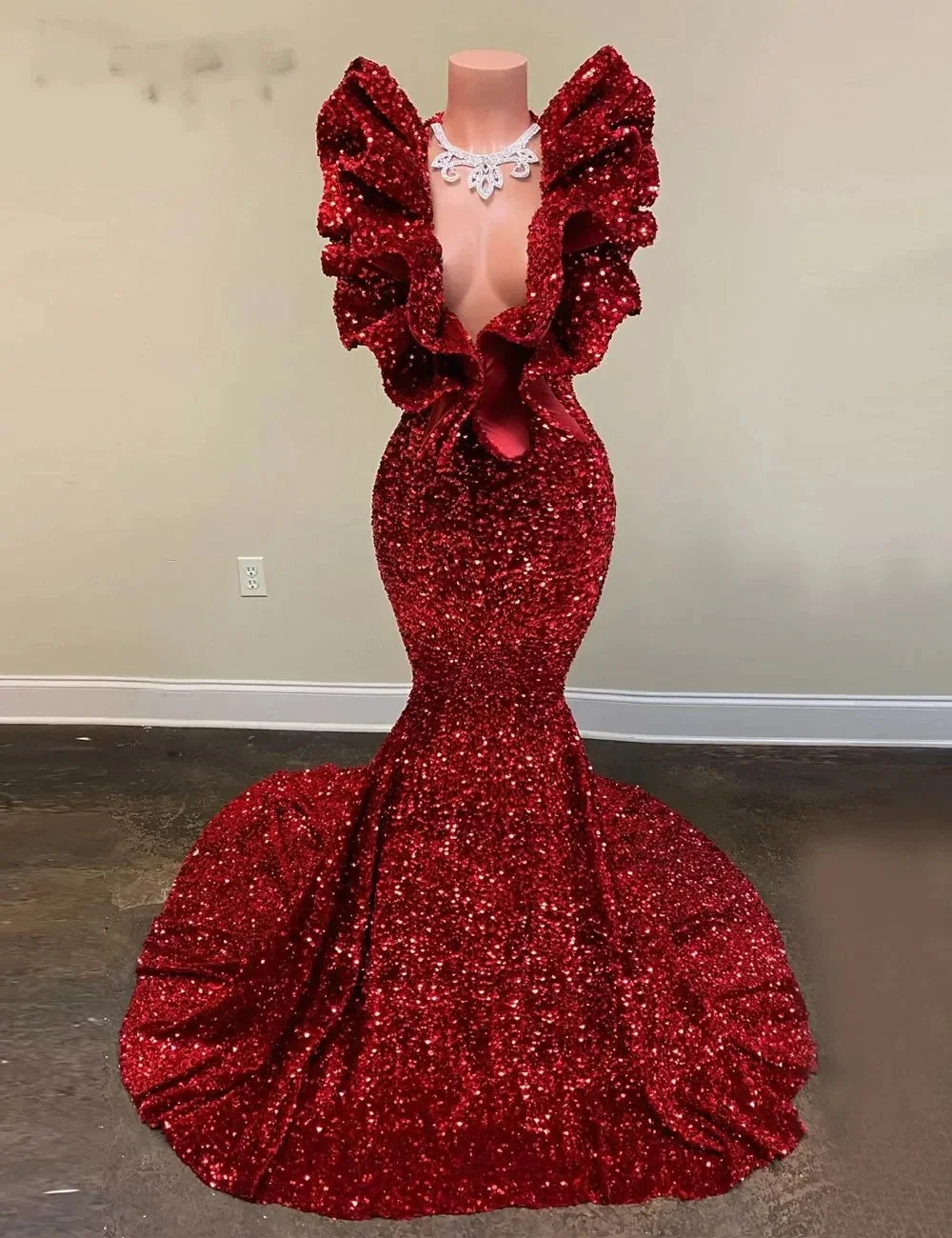 Mermaid Red Sequins Long Prom Dress Charming Evening Dress Y536 by simplepromdress