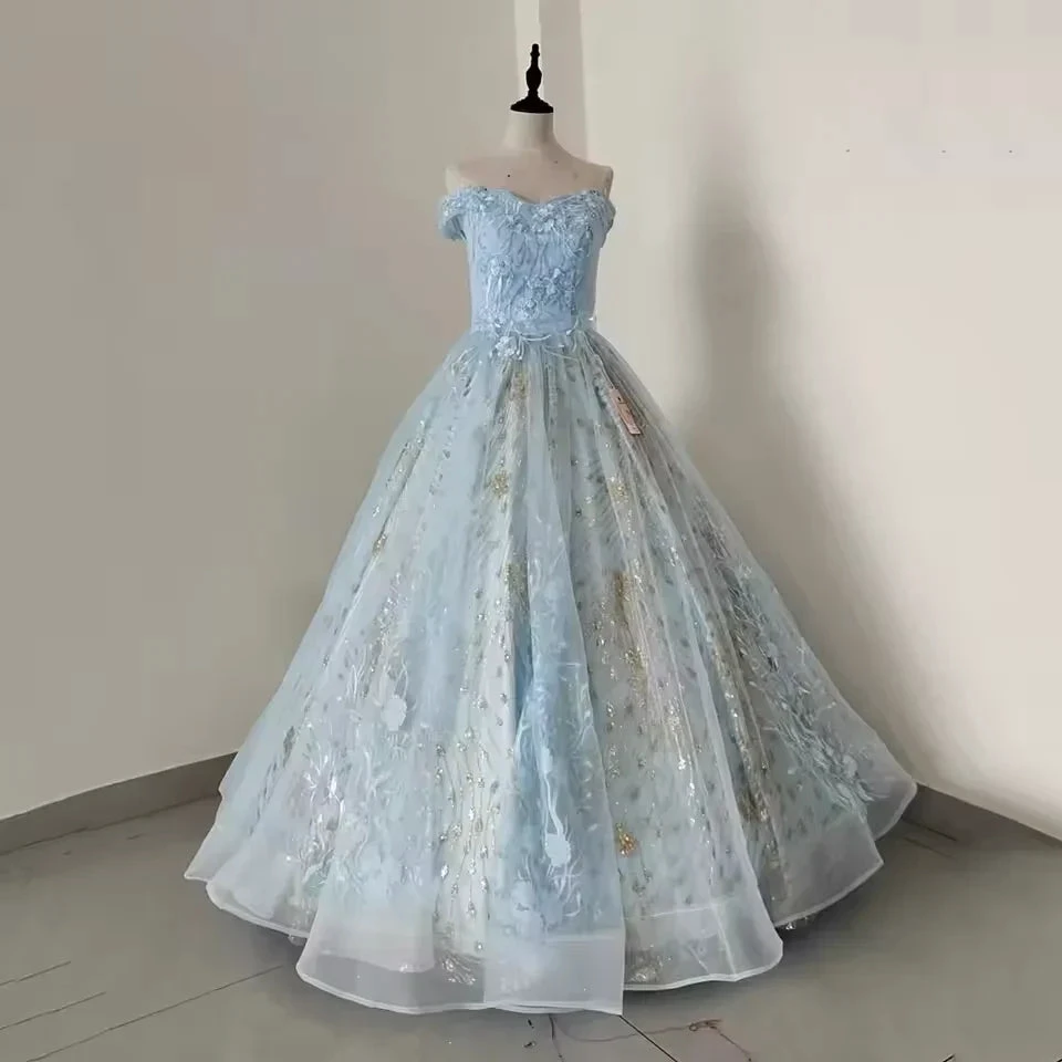 Light Blue Off The Shoulder Tulle Lace Appliques Princess Dresses Glitter Ball Gown Y8129 by simplepromdress