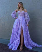 Sparkle Princess Bustier Puff Sleeve Lace Long Prom Dress Detachable Sleeves Evening Dress Y1805 by simplepromdress