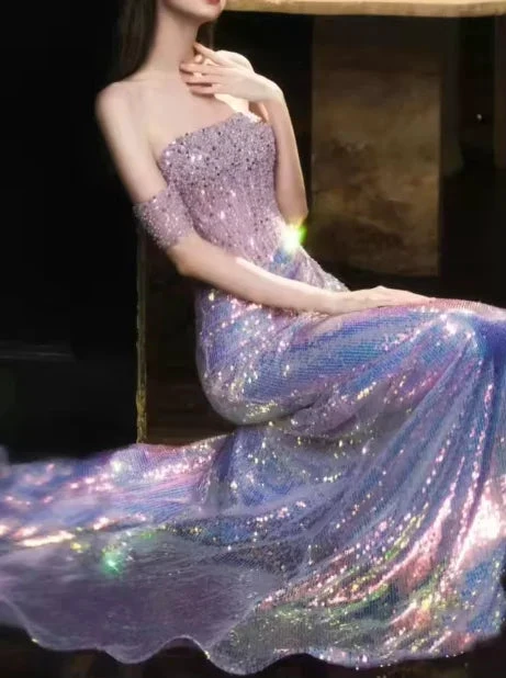 Glitter Off Shoulder Beaded Sequin Mermaid Prom Purple Formal Evening Gown Y8182 by simplepromdress