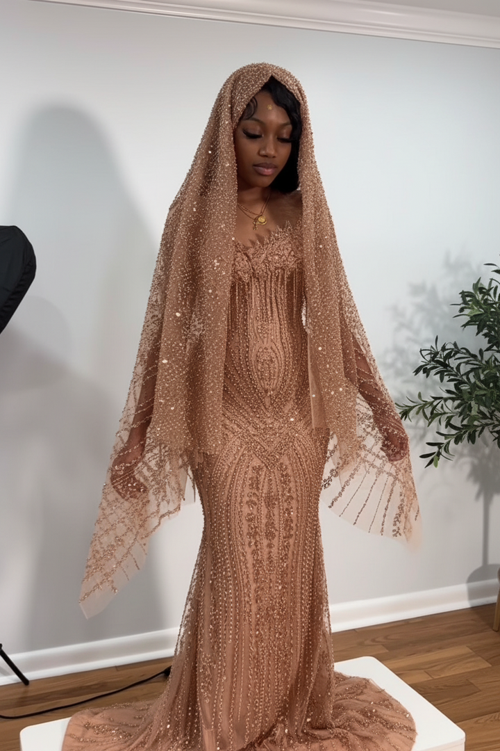 The Ruby Heiress - 2026 Hand-Beaded Crimson Mermaid Gown with Matching Crystal-Encrusted Hooded Veil