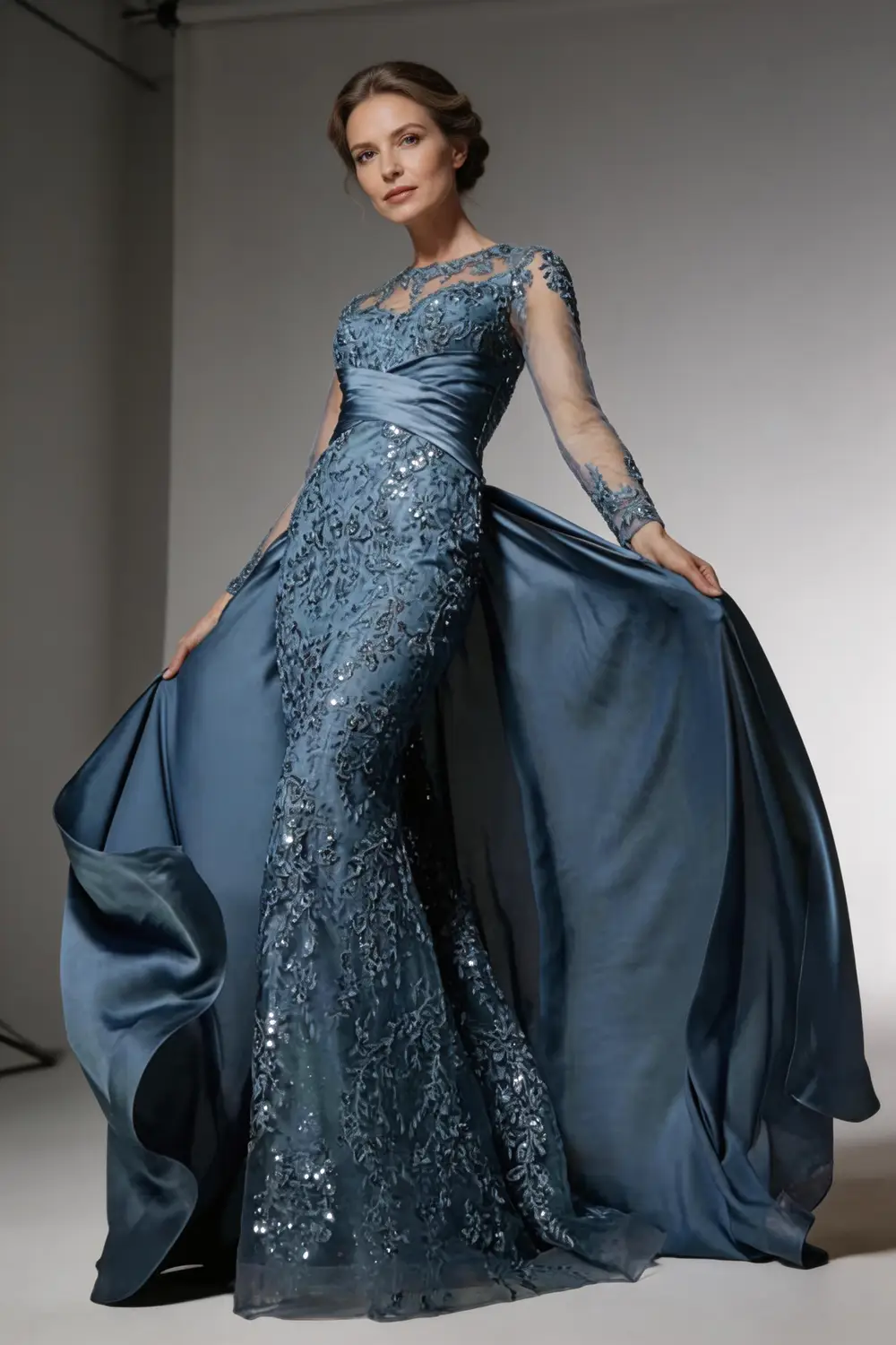 Elegant Steel Blue Mermaid Mother of the Bride Dress with Detachable Train by tangjianjun