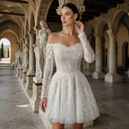 Elegant Off White Off-the-Shoulder Lace Short Wedding Dress SW723