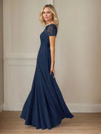Dark Navy A-Line Boatneck Sequins Chiffon Dress by Dreamylily